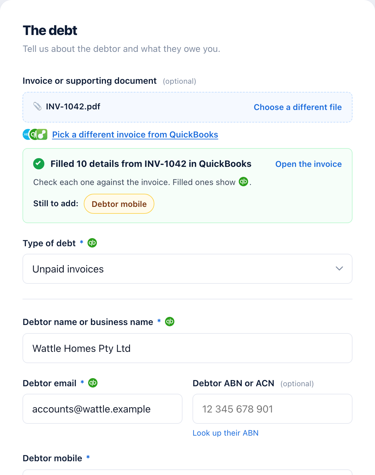 A letter of demand filled in from a QuickBooks invoice, each filled field marked with the QuickBooks logo