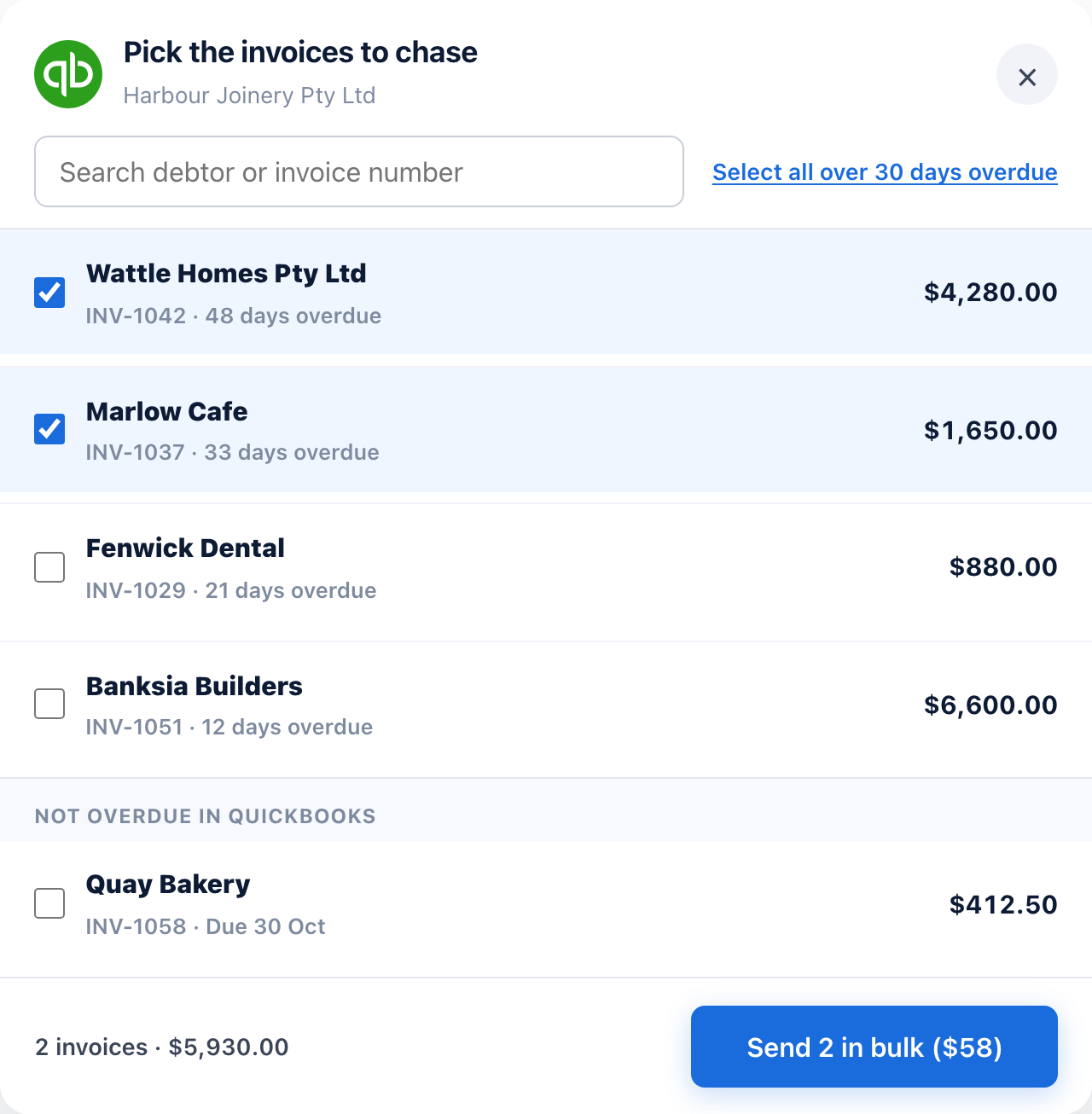 The SydneyCollect invoice picker listing unpaid QuickBooks invoices, overdue ones first