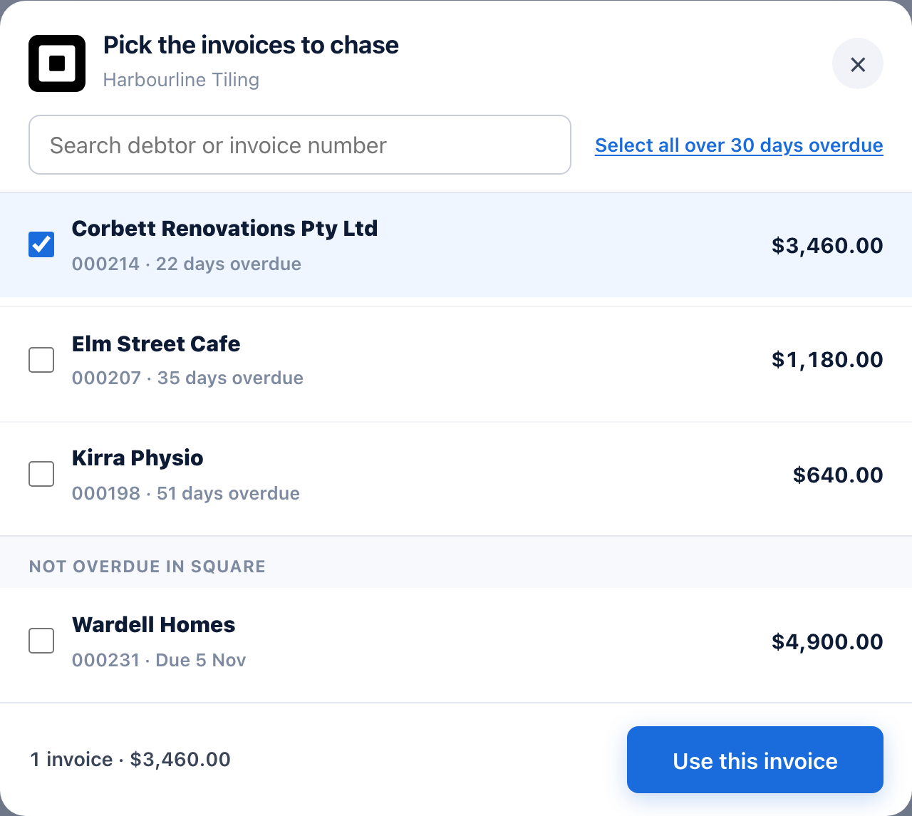 The SydneyCollect picker listing unpaid Square invoices, oldest due date first